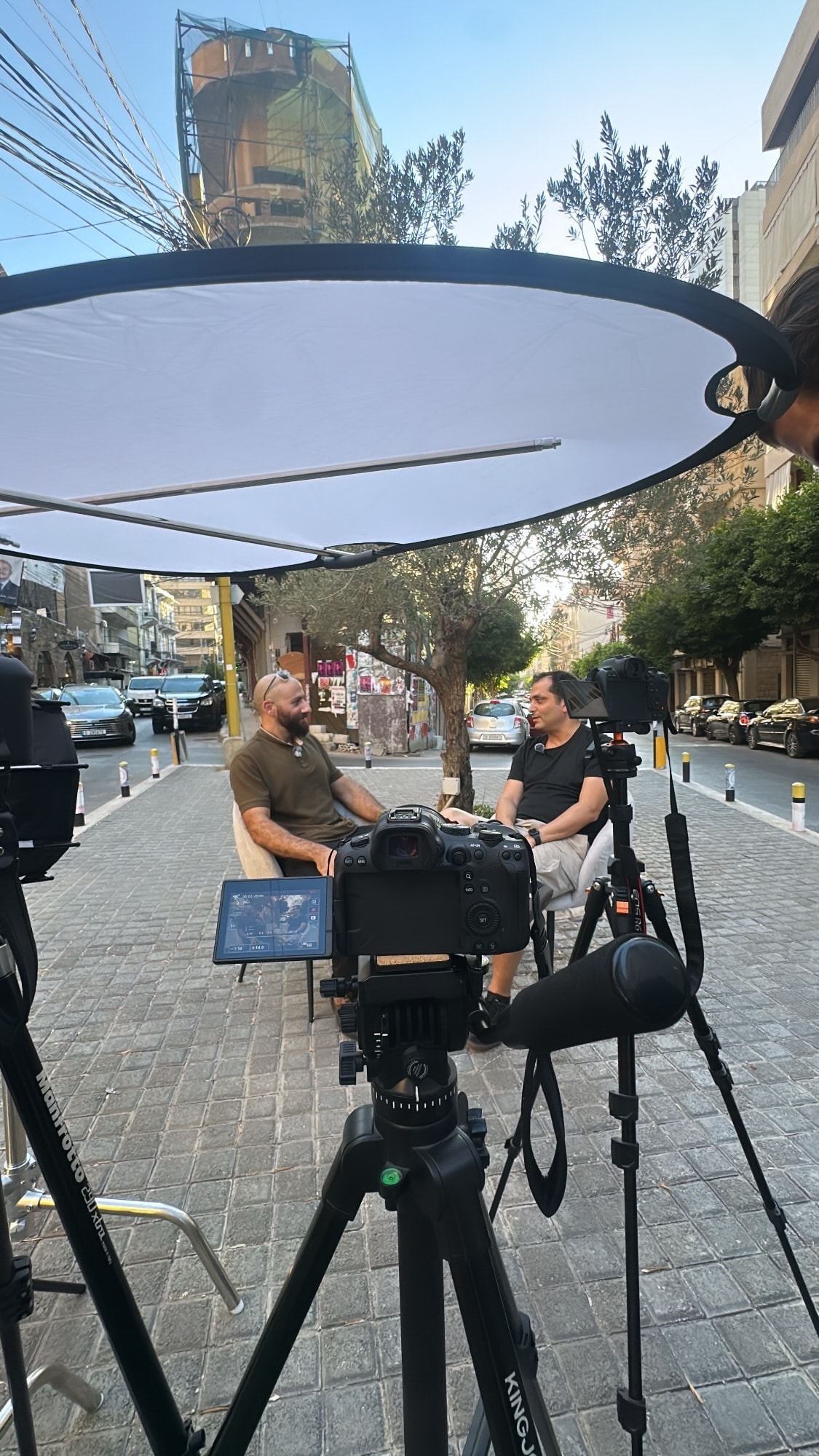 Two chairs in an outdoor interview setting